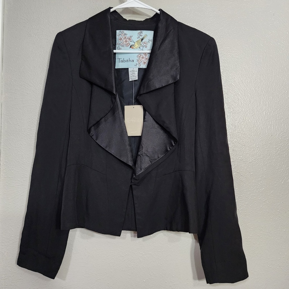 Anthropology Tabitha Women's Black Blazer Drape Silk  Size 6‎ Ruffle Open Front
